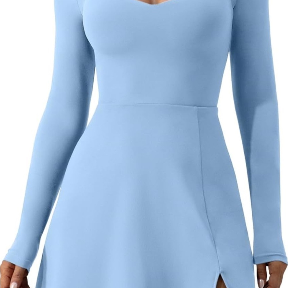 Blue Fit and Flare Long Sleeve V-Neck Dress for Cocktail